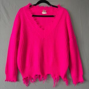 Main Strip Womens Distressed Chunky Knit Sweater L Hot Pink Frayed Oversized